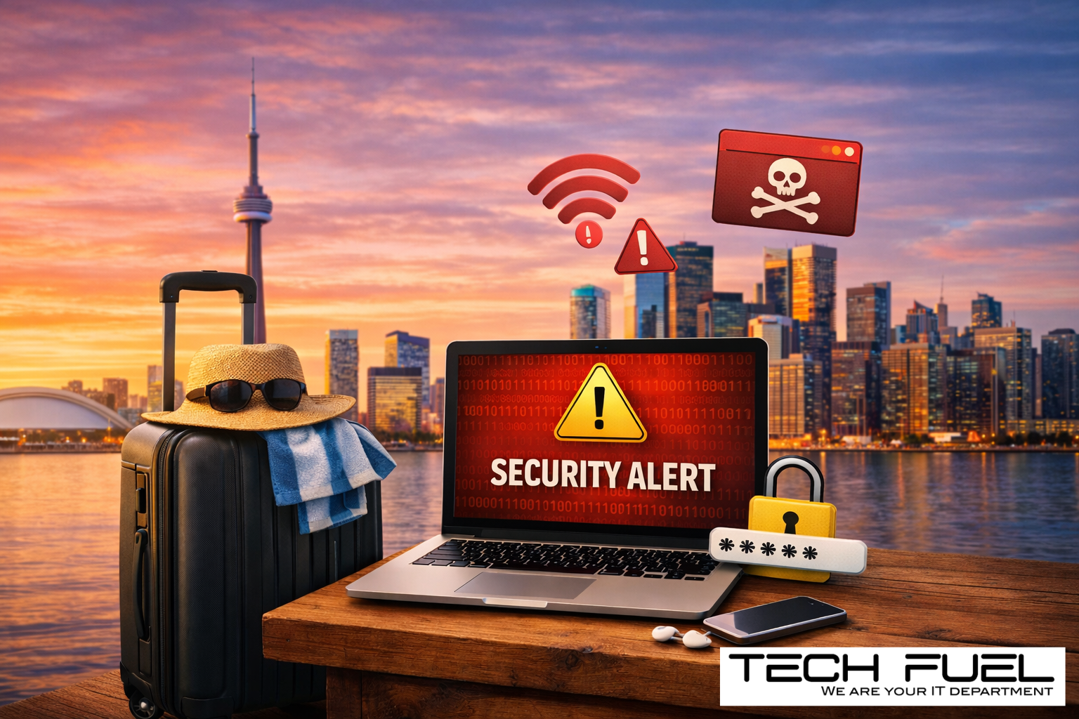 Image with suitcase and computer with security alert