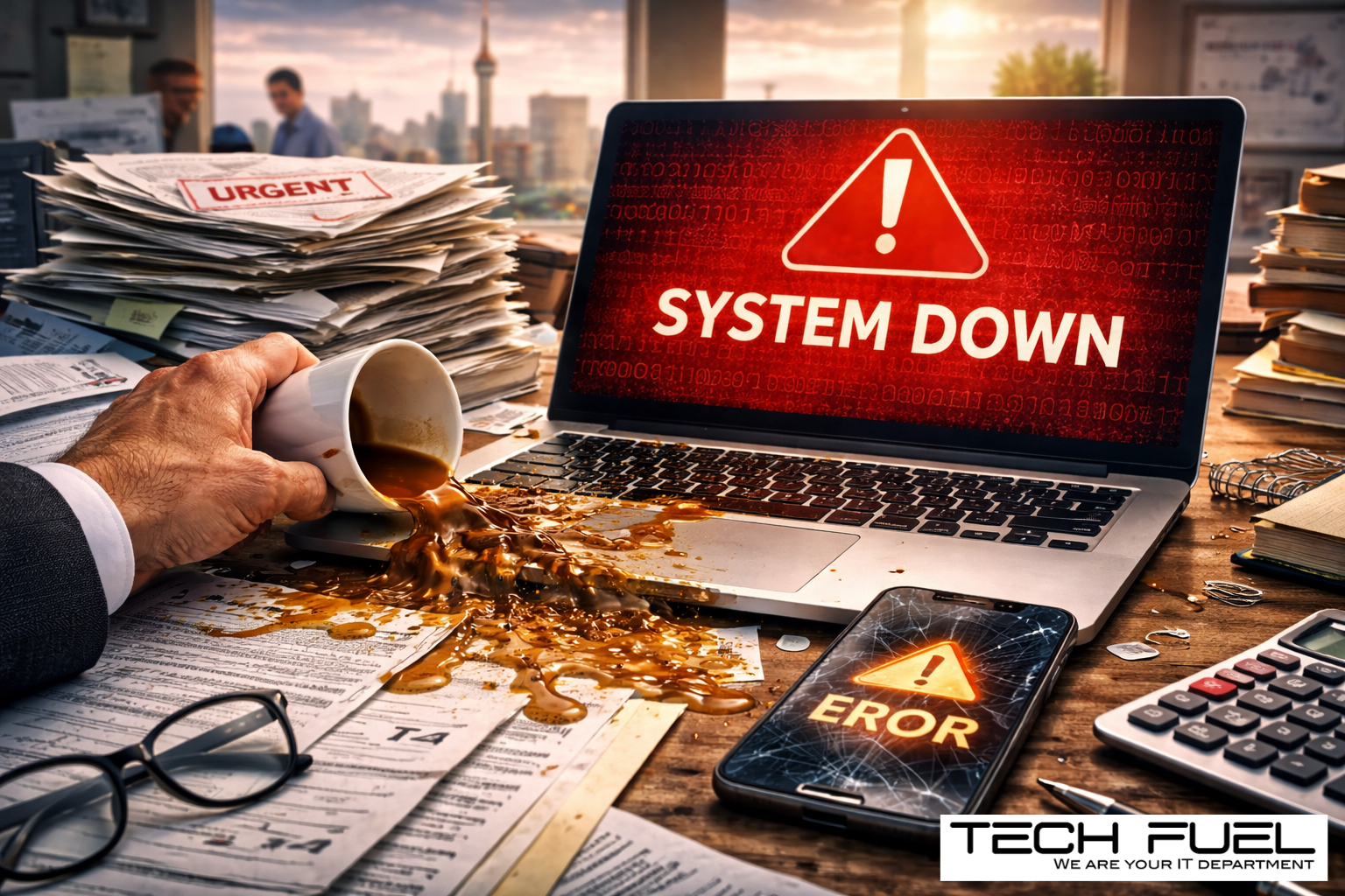 Image of coffee being spilled on a laptop that says system down