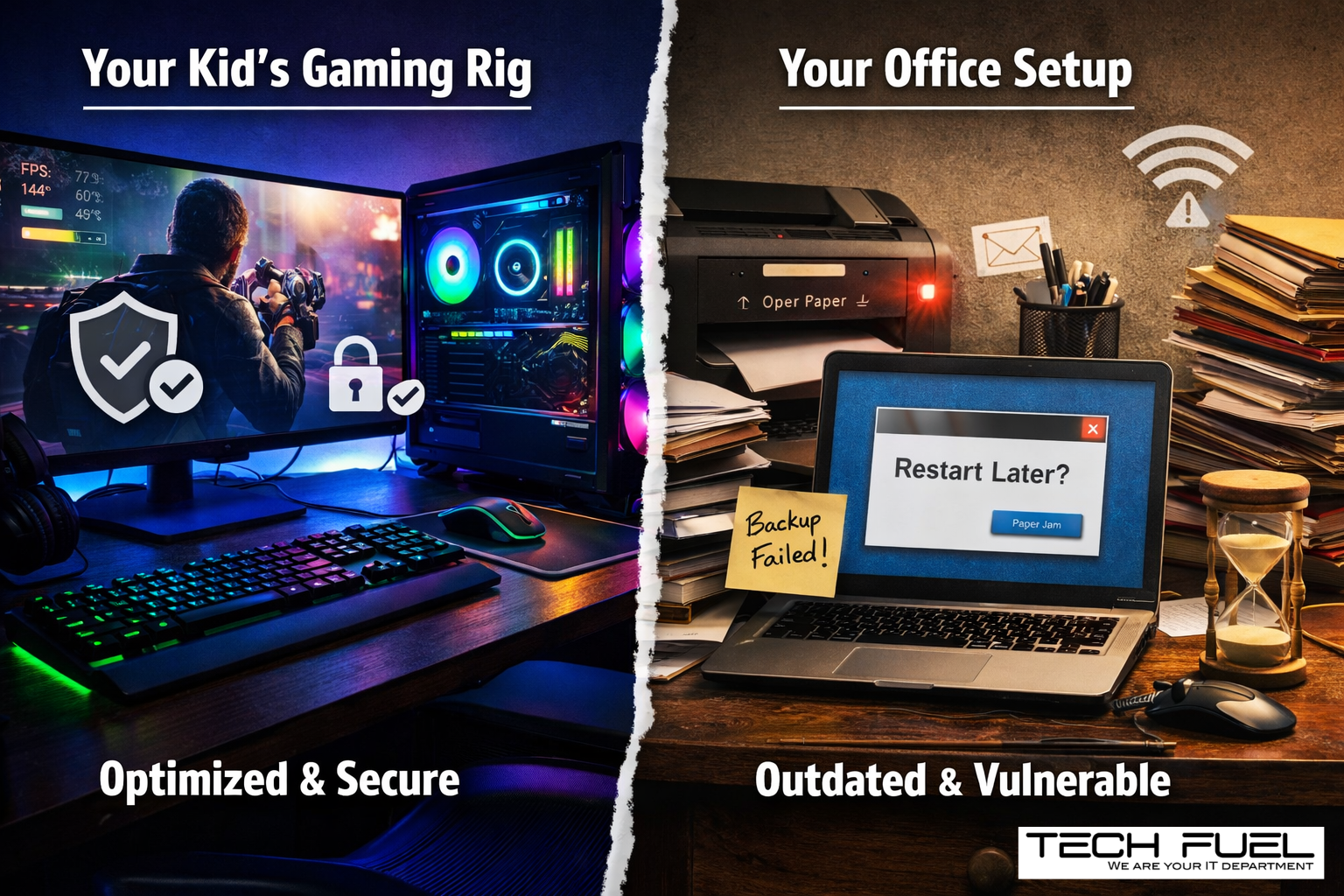 Image showing a kids optimized and secure computer gaming setup versus an office's outdated and vulnerable computer setup