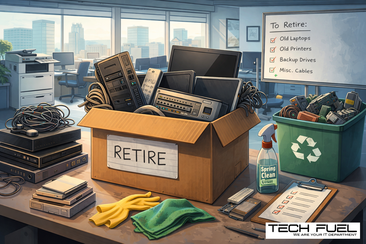 Image of a box with old computers and monitors to be retired