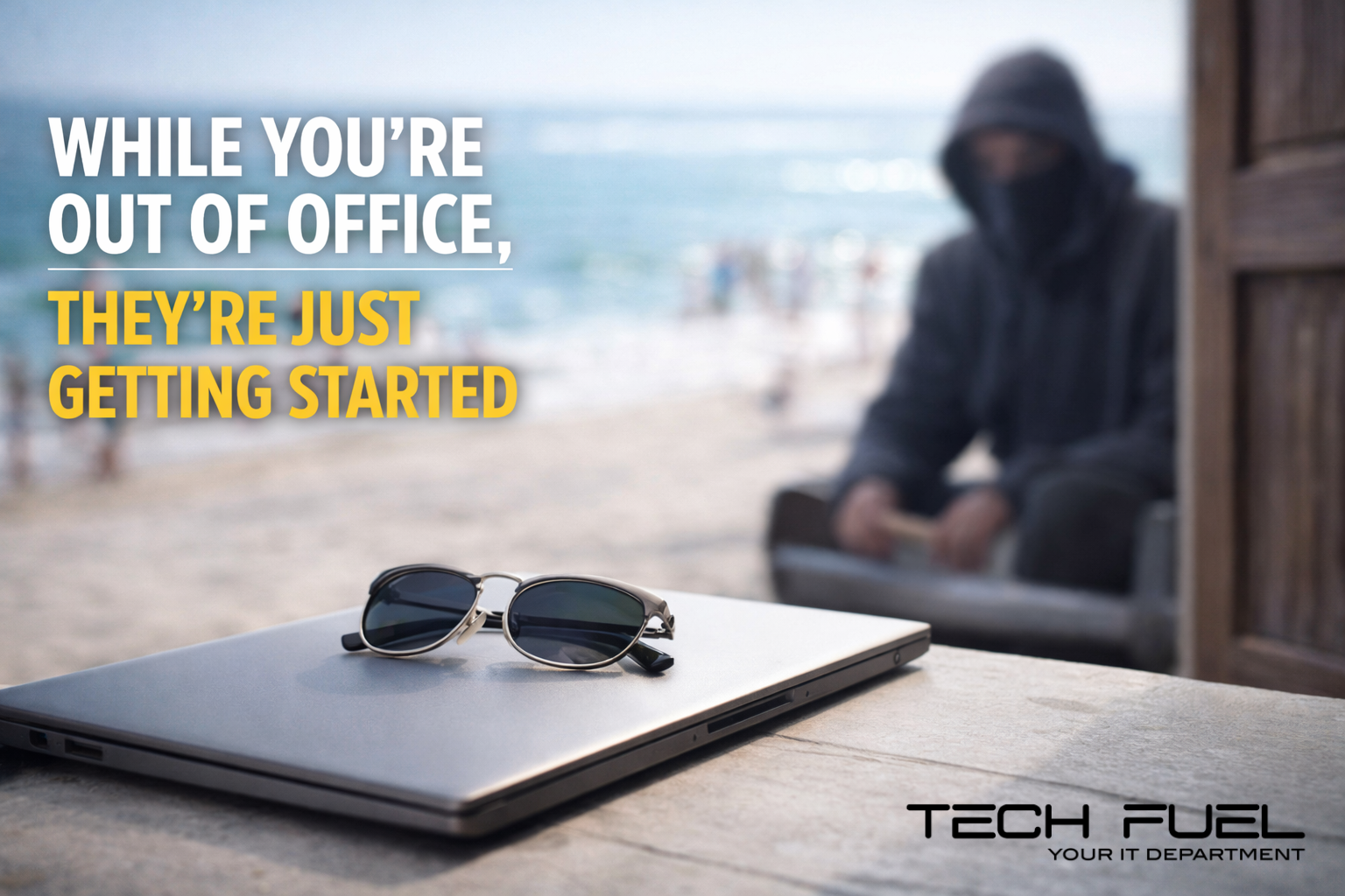 Image of a laptop on table by the beach with someone getting ready to steal it