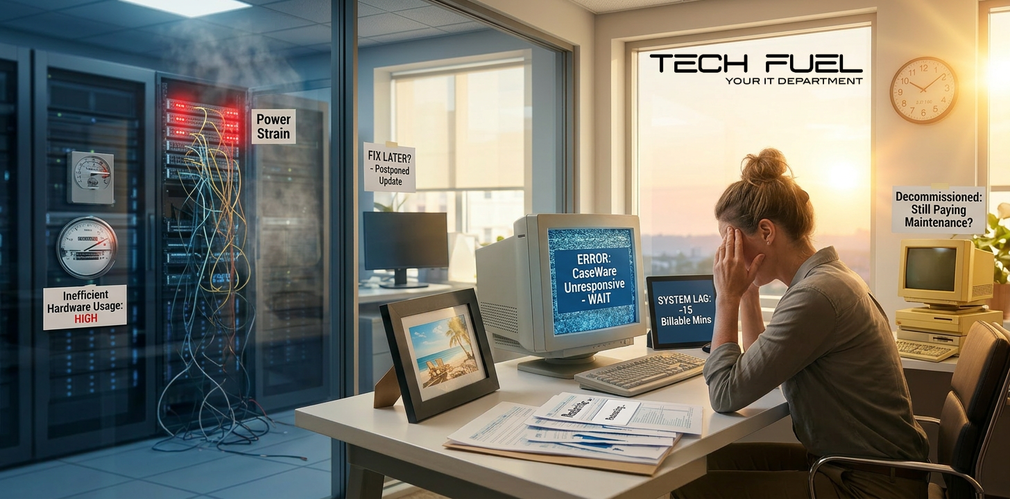 Accountant frustrated by slow, vintage computer equipment and CaseWare errors, with a background meter showing inefficient power usage