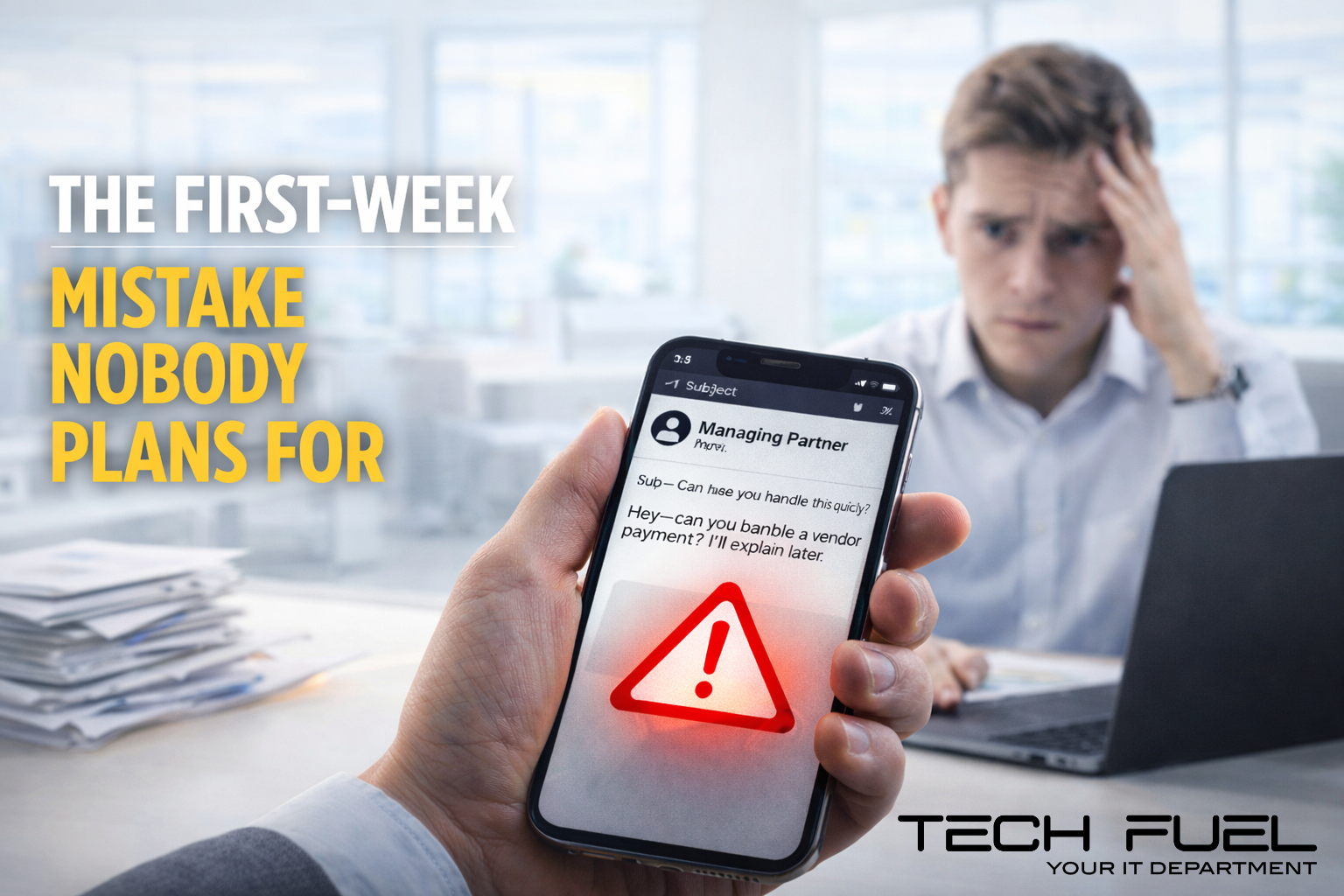 Image of an employer holding a phone with an error on it in conversation with a new employee