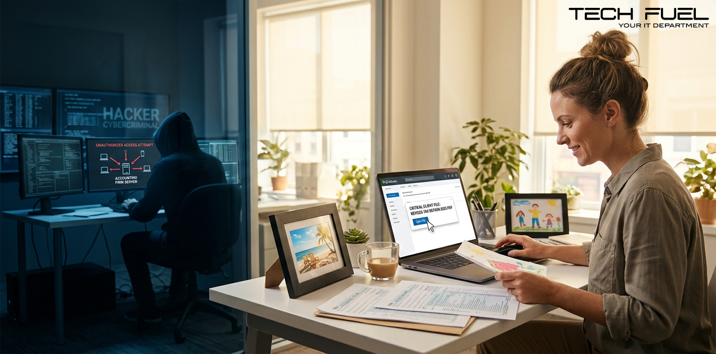 Three-panel scene showing accounting-firm cyber and IT stress: a person working from home opens a suspicious email while a hooded hacker targets an ‘accounting firm server.