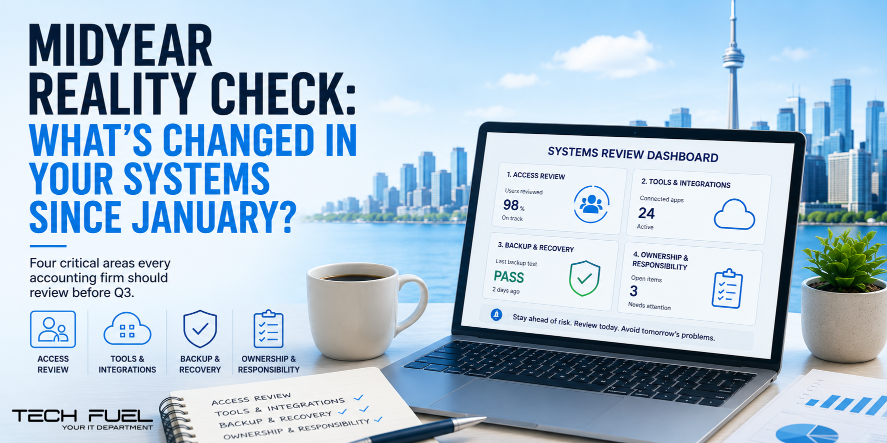 Bright blue 2:1 banner showing a modern office desk with a laptop displaying a “Systems Review Dashboard,” a plain coffee mug, notebook checklist, and Toronto skyline in the background. Large headline reads: “Midyear Reality Check: What’s Changed In Your Systems Since January?”