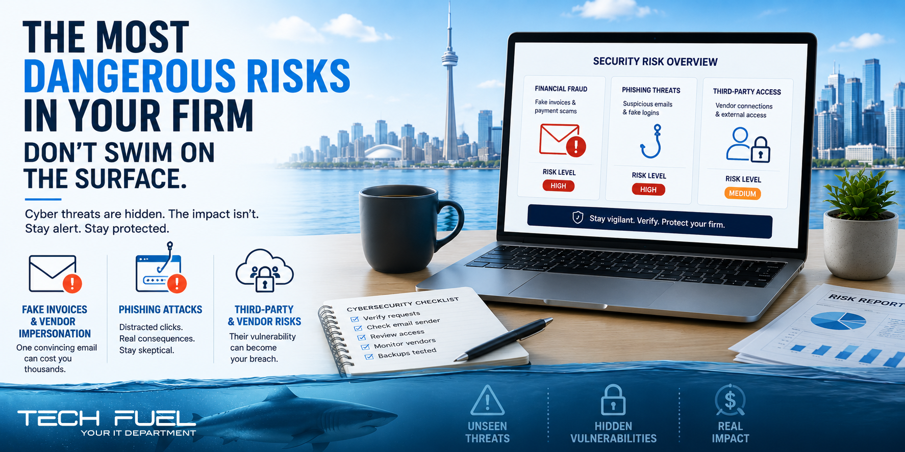Wide blue-and-white cybersecurity banner showing a Toronto skyline, office desk, laptop security dashboard, and subtle shark beneath the waterline to represent hidden cyber risks. The image highlights fake invoices, phishing attacks, and third-party vendor risks for accounting firms.