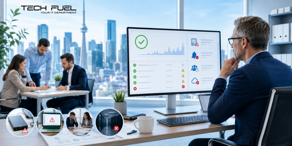 Toronto accounting firm owner reviews a backup monitoring dashboard showing successful checks and hidden warning alerts in a bright, modern office.
