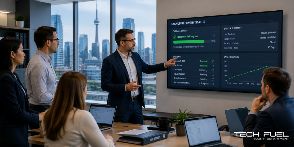Toronto accounting firm team reviews a backup recovery dashboard during a business continuity planning session, with the CN Tower visible through the office windows.