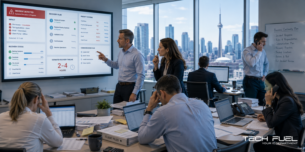 Toronto accounting firm team manages an urgent IT outage, reviewing recovery priorities and system status in a bright office overlooking the city skyline.