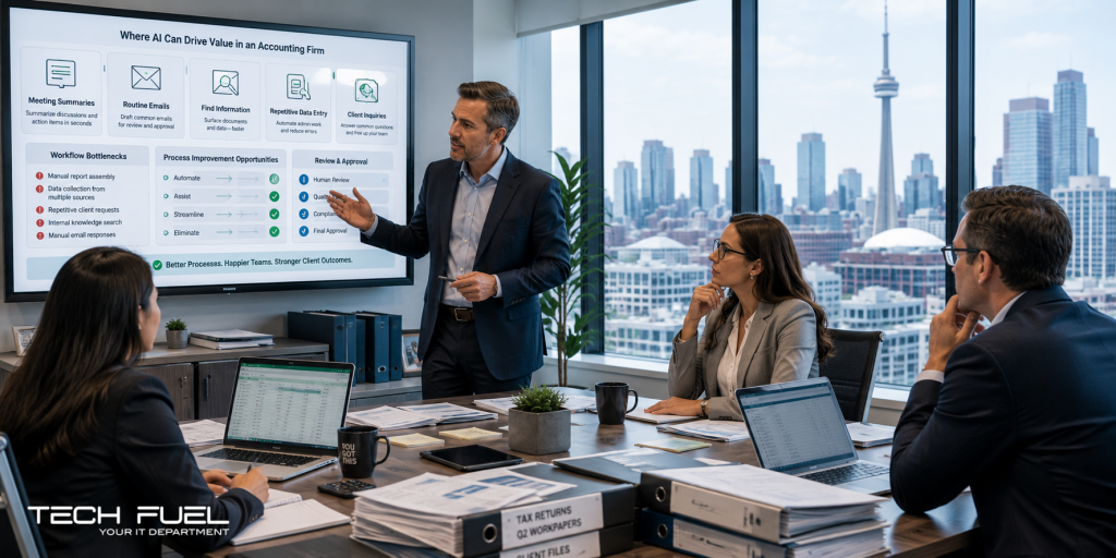 Toronto accounting firm leaders review practical AI opportunities for improving workflows, reducing repetitive tasks and strengthening client service in a modern office overlooking the city skyline.