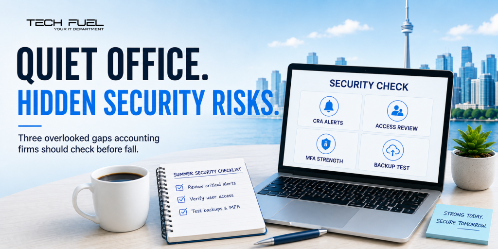 Laptop displaying a security check dashboard beside a summer checklist and coffee, with Toronto’s skyline in the background and text highlighting hidden security risks for accounting firms.